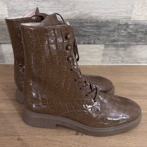 Stuart Weitzman Glossy Brown Croc-Embossed Boots